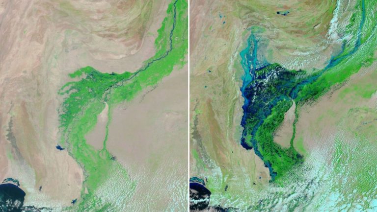 Nuevas imágenes tomadas por el sensor satelital MODIS de la NASA revelan el alcance que han tenido las inundaciones récord en el sur de Pakistán durante las últimas semanas.