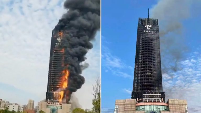 Un rascacielos en China se incendia completamente en poco tiempo