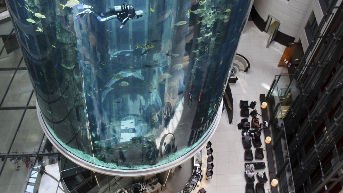 Explota un colosal acuario cilíndrico con 1.500 peces exóticos dentro