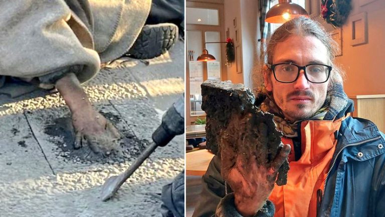 alemán se pega al asfalto y para liberarlo usan un martillo perforador