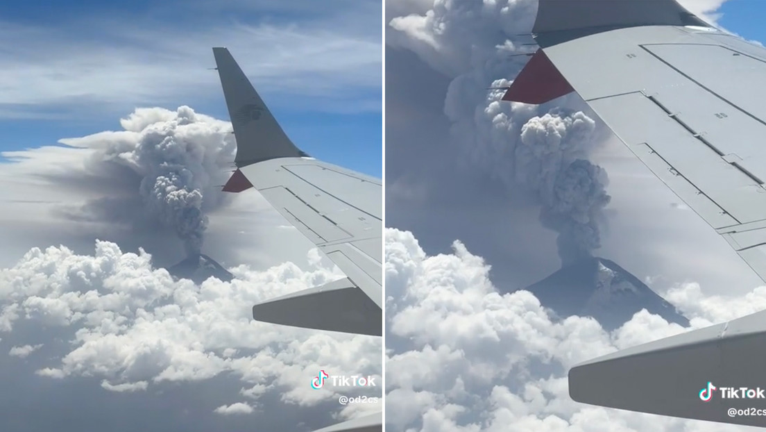 VIDEO: Captan desde un avión una impresionante fumarola del volcán Popocatépetl