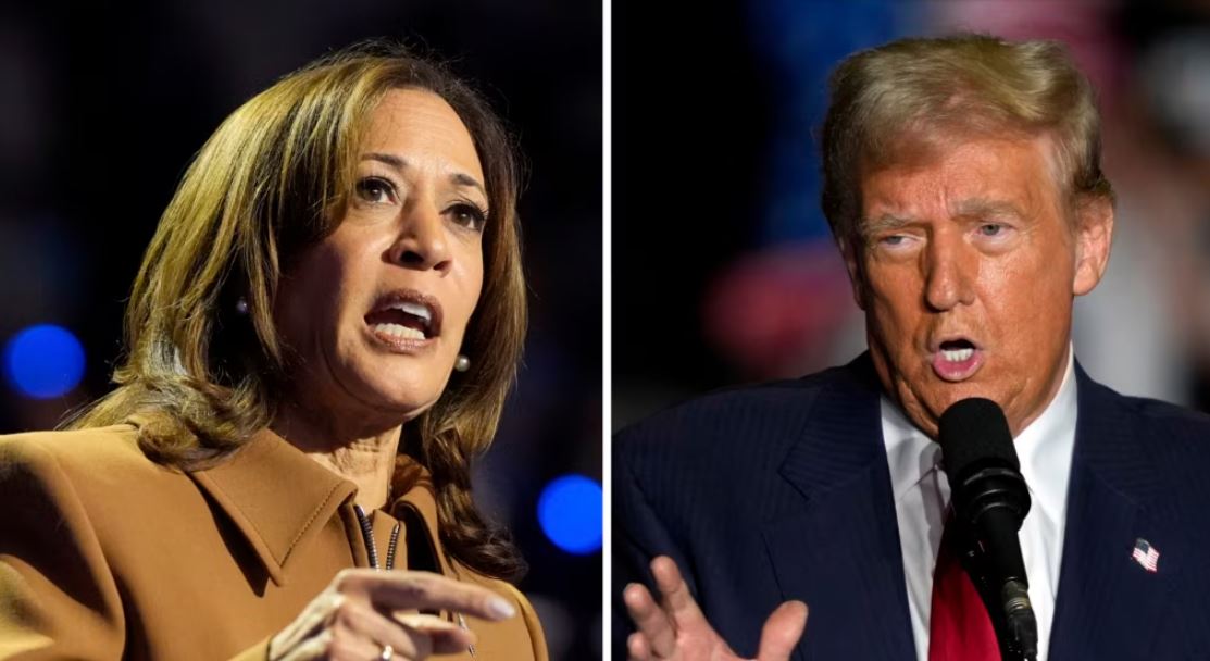 ARCHIVO - En una fotografía combinada, la candidata presidencial demócrata Kamala Harris (izq), habla durante un mitin en Michigan, el 26 de octubre de 2024, y el candidato presidencial republicano Donald Trump habla en Carolina del Norte, el 22 de octubre de 2024.