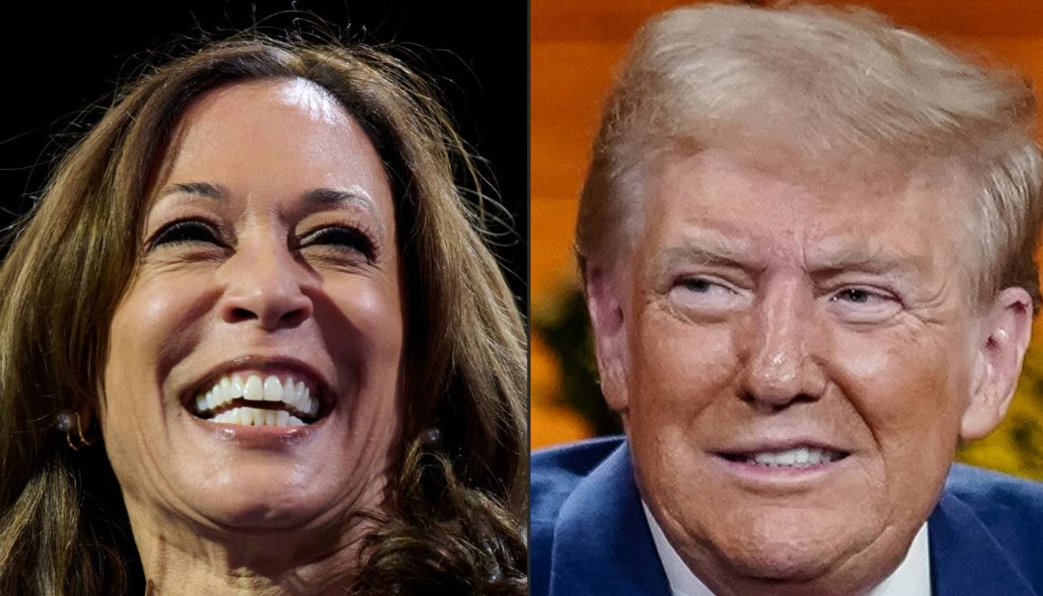 La vicepresidenta de EEUU y candidata presidencial demócrata Kamala Harris en Erie, Pensilvania, el 14 de octubre de 2024 y al expresidente estadounidense y candidato presidencial republicano Donald Trump en Cumming, Georgia, el 15 de octubre de 2024.