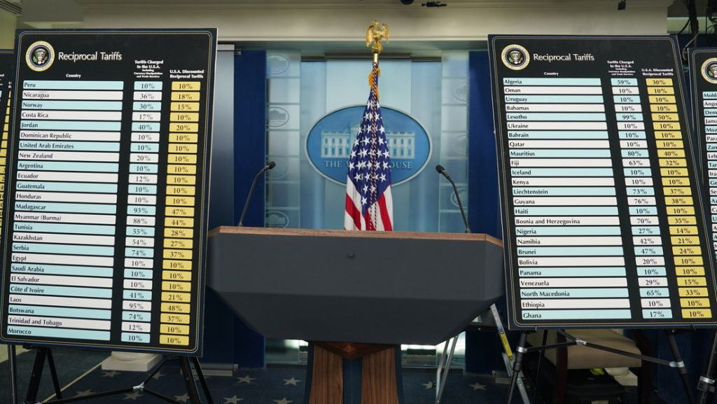 Gráficos con los aranceles 'recíprocos' expuestos en una sala de prensa de la Casa Blanca, Washington D.C., EE.UU., 2 de abril de 2025.