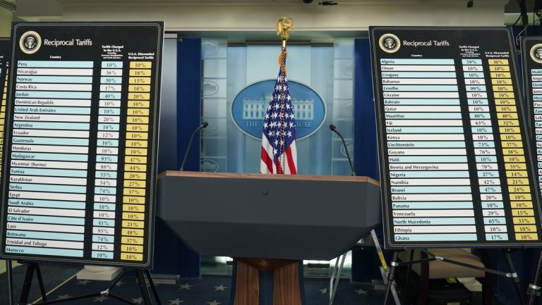 Gráficos con los aranceles 'recíprocos' expuestos en una sala de prensa de la Casa Blanca, Washington D.C., EE.UU., 2 de abril de 2025.