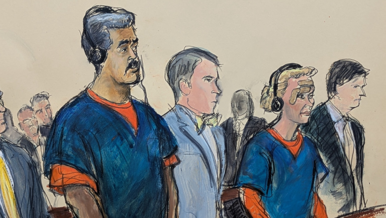 El primer boceto del presidente de Venezuela, Nicolás Maduro, y su esposa, Cilia Flores, en el Tribunal del Distrito Sur de Nueva York